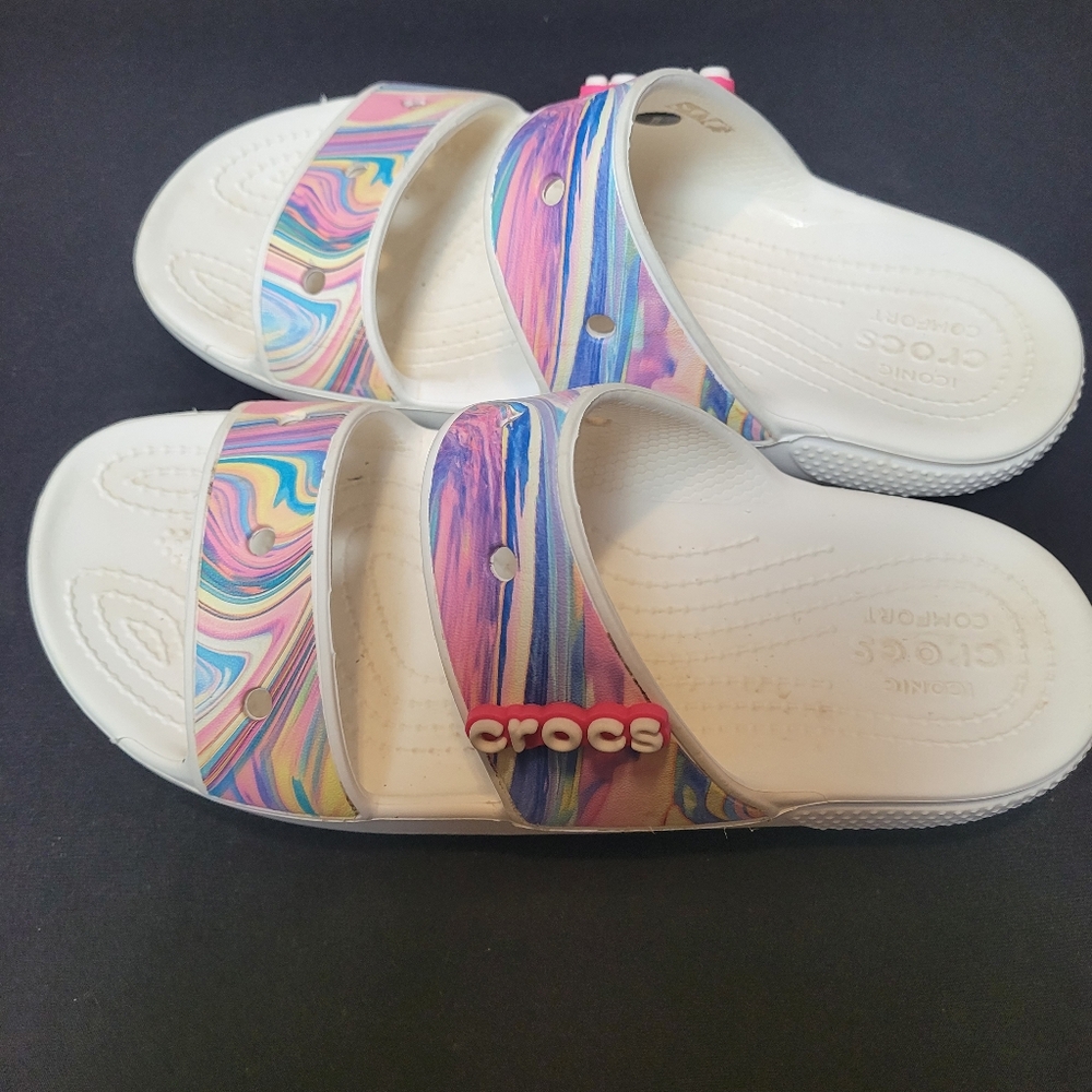 Crocs Classic Two Band Slide Sandal Shoes Unisex Size M6 W8 Tye Dye Comfort